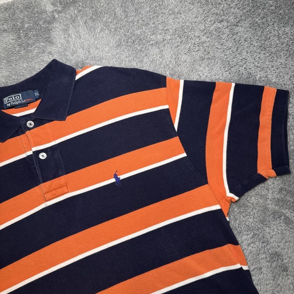 VTG Polo By Ralph Lauren Men's XL Short Sleeve Orange & Navy Striped Shirt 90s
